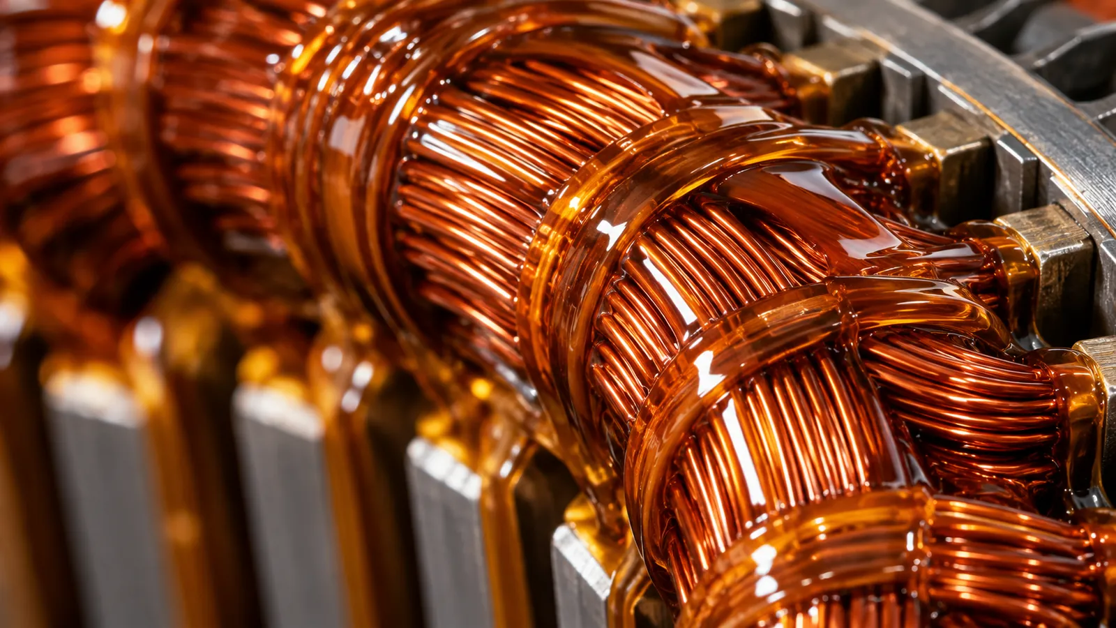 Close-up of glossy winding varnish penetrated between enameled copper wires
